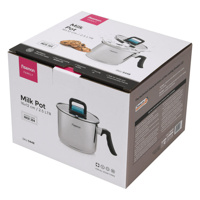 Fissman Milk Pot 16cm/2.5LTR With Glass Lid Stainless Steel