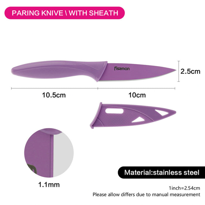 Paring Knife 10cm with Sheath , Stainless Steel Knife, Caramella Series Knife, for Peeling, Cutting Slicing, Chopping, Meat Fruit And Vegetables (Purple)