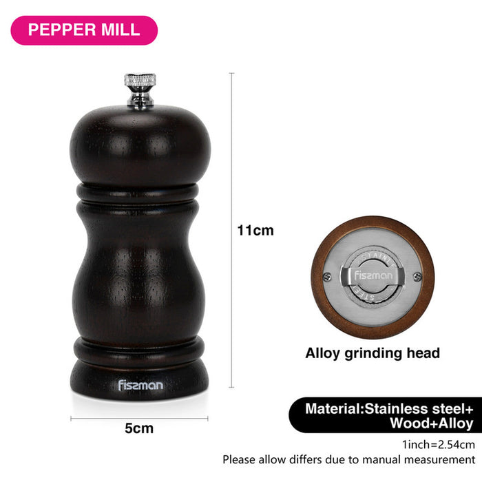 Fissman Pepper Mill Rubber Wood Body with S/S Grinder 11x5cm, Stylish With Simple Design For Restaurant or For Everyday Use, Natural Materia, Grinding Mechanism with Adjustable Grinding Degree