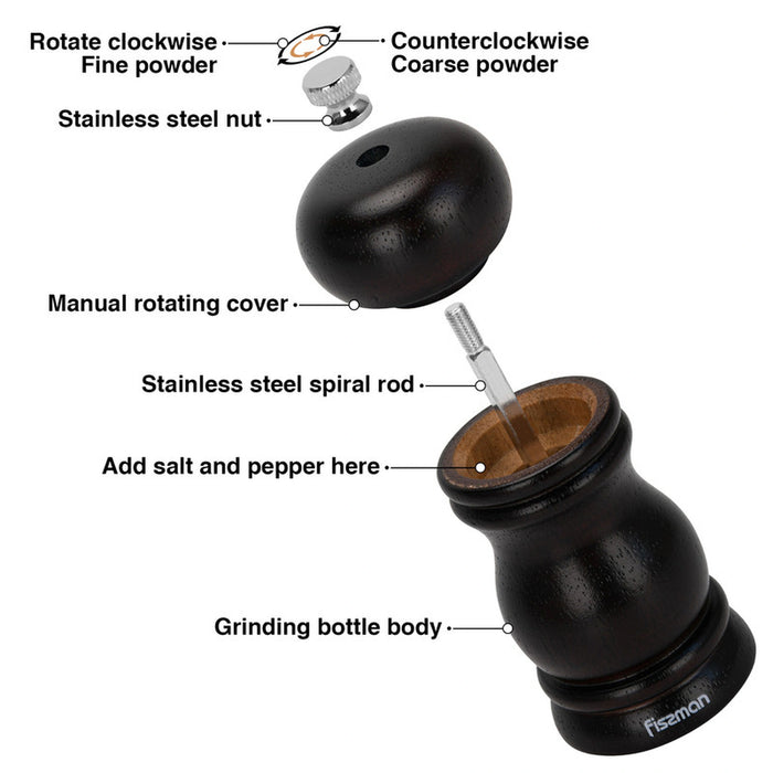 Fissman Pepper Mill Rubber Wood Body with S/S Grinder 11x5cm, Stylish With Simple Design For Restaurant or For Everyday Use, Natural Materia, Grinding Mechanism with Adjustable Grinding Degree