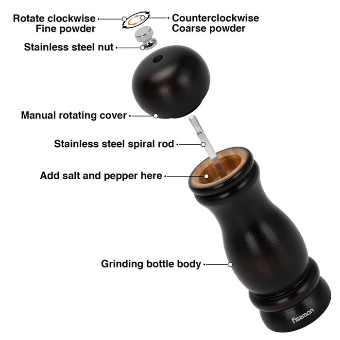 Fissman Pepper Mill Rubber Wood Body with S/S Grinder 16cm, Stylish With Simple Design For Restaurant or For Everyday Use, Natural Materia, Grinding Mechanism with Adjustable Grinding Degree