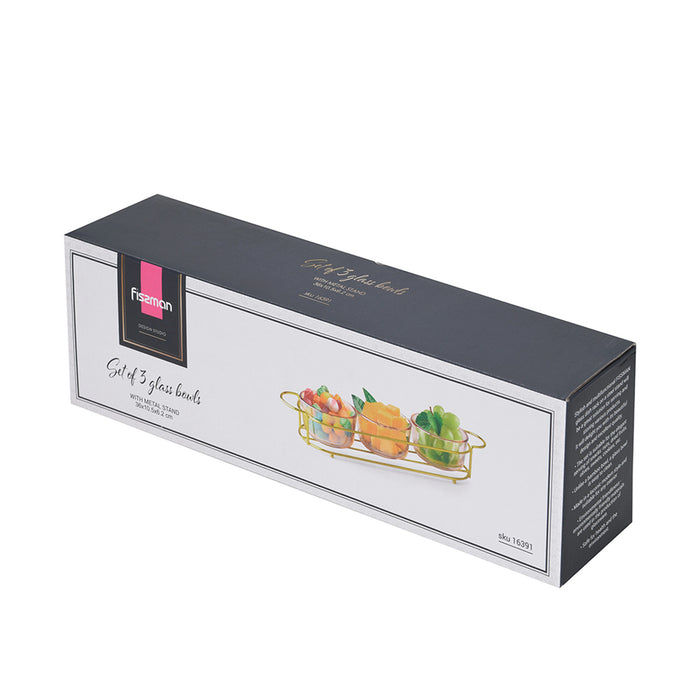 Fissman Pristine 3-Piece Glass Bowl with Metal Stand 9.7x5.3cm, 240ml/36x10.4x5.7cm
