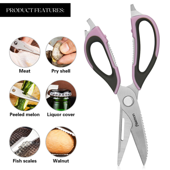 Fissman Purple Pink Stainless Steel Kitchen Scissors, All Purpose Utility Sharp Kitchen Shears Stainless Steel for Cooking, Food, Meat, Vegetable (Purple)