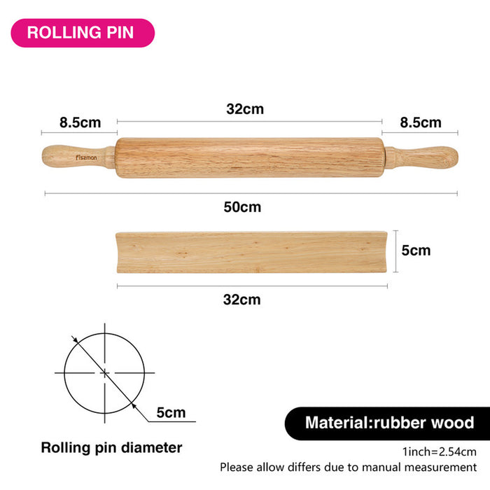 Fissman Rolling Pin 50cm With Wooden Stand Rubber Wood