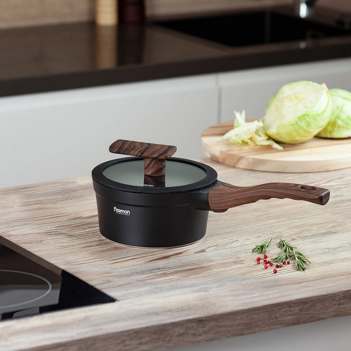 Fissman Saucepan 1.2L with Glass Lid, Non-Stick Marble Coating Aluminum Saucepan 16x8cm Filomena Series
