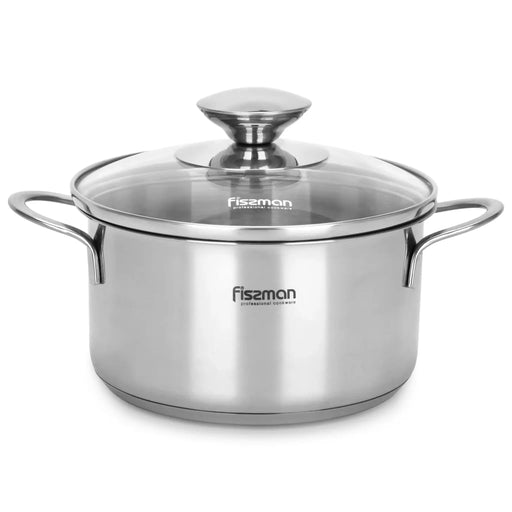 Stainless steel pot with glass lid on a white background