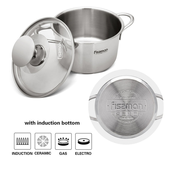 Fissman Saucepot with Glass Lid Silver 12cm/0.8LTR Bambino Series Stainless Steel