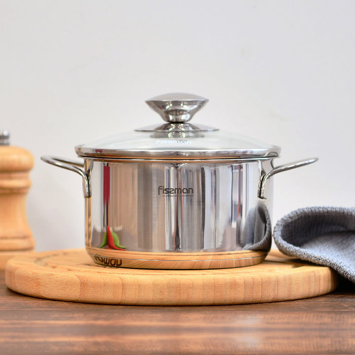 Fissman Saucepot with Glass Lid Silver 14xcm/ 0.9L Bambino Series Stainless Steel