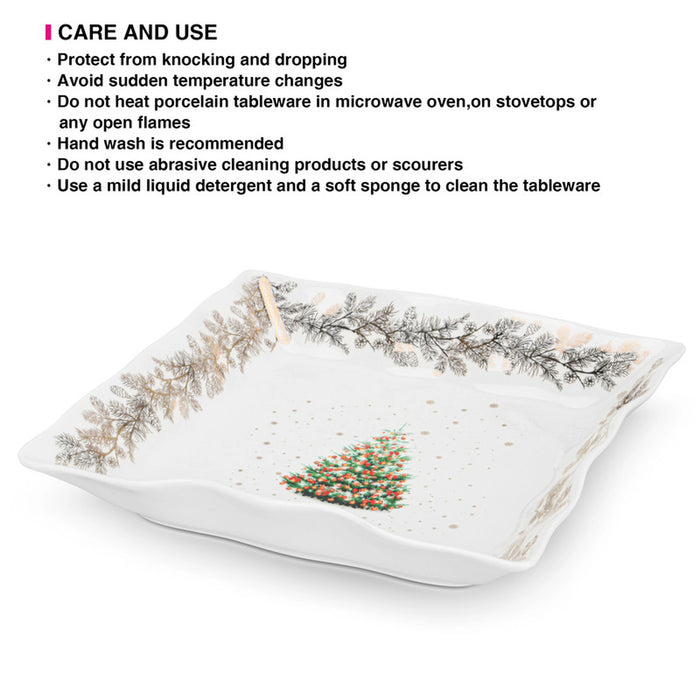 Square Dinner Plate 22x22cm, Christmas-Themed Design Square Serving Dish | Anti-Slip Bottom Porcelain Square Dinner Plate | Holiday Dinnerware | Festive Decorative Plate