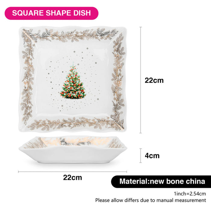 Square Dinner Plate 22x22cm, Christmas-Themed Design Square Serving Dish | Anti-Slip Bottom Porcelain Square Dinner Plate | Holiday Dinnerware | Festive Decorative Plate