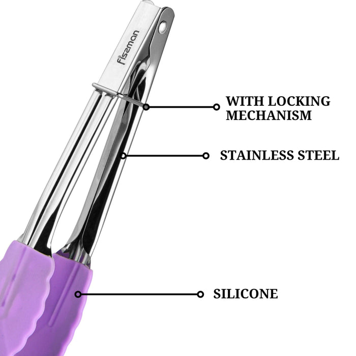 Stainless Steel Locking Cooking Tongs, Small Clams with Silicone Tips, Non-Slip Food Tong for Cooking, Heavy Duty, Non-Stick (Purple) Fissman