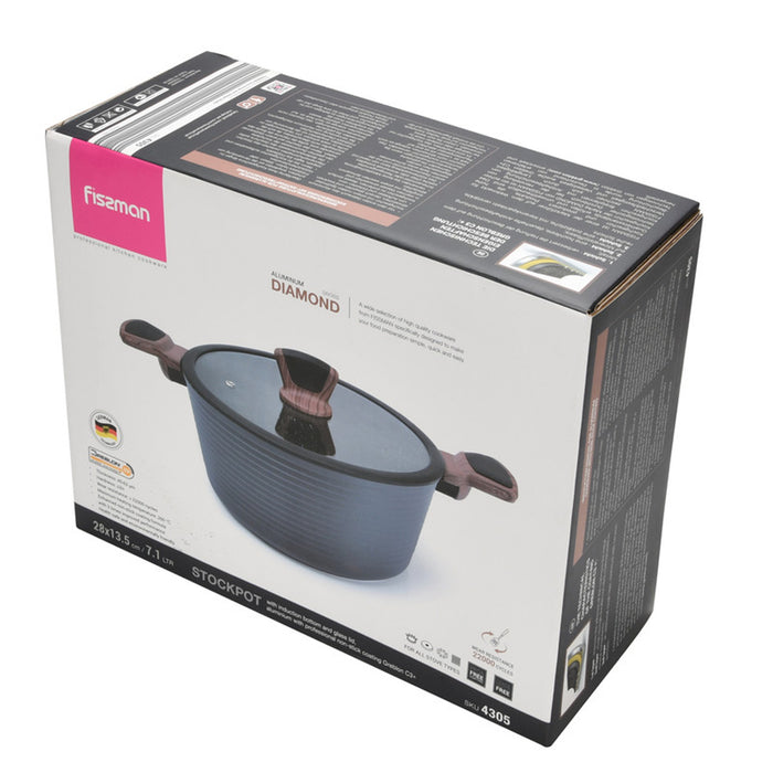 Fissman Stock Pot With Glass Lid Black 28cm Diamond Series Series Aluminum With Induction Bottom