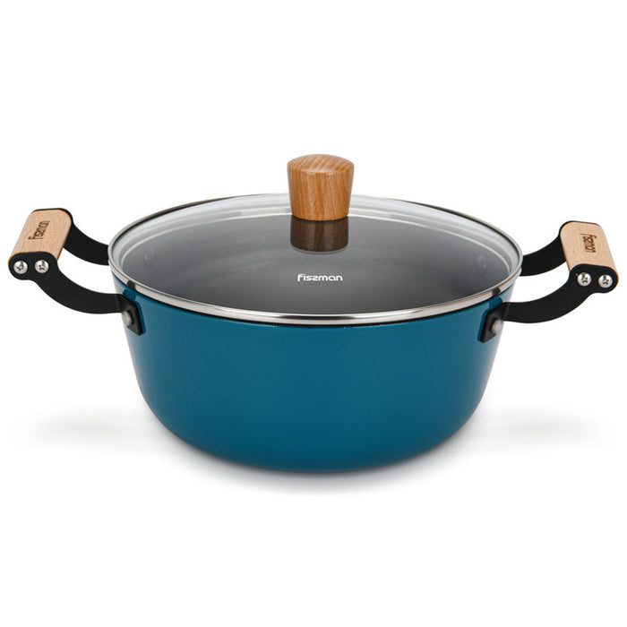 Fissman Stockpot 24cm/4LTR Seagreen Series Series With Glass Lid Enamelled Lightweight Cast Iron With Non-Stick Coating