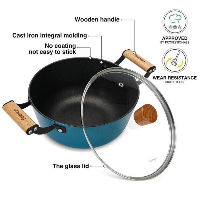 Fissman Stockpot 24cm/4LTR Seagreen Series Series With Glass Lid Enamelled Lightweight Cast Iron With Non-Stick Coating