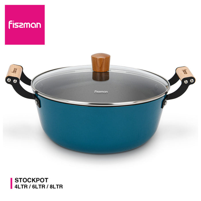 Fissman Stockpot 24cm/4LTR Seagreen Series Series With Glass Lid Enamelled Lightweight Cast Iron With Non-Stick Coating