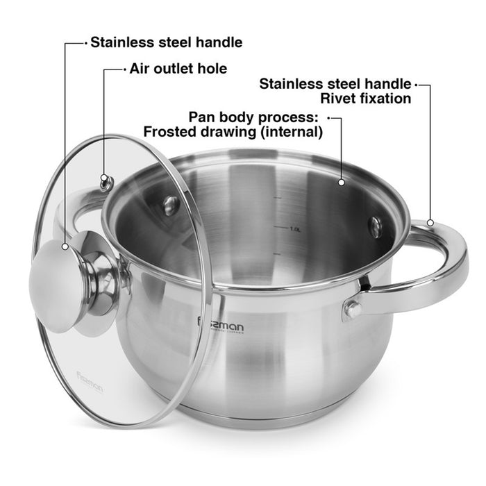 Fissman Stockpot Felina 18cm/2.9LTR With Glass Lid Stainless Steel