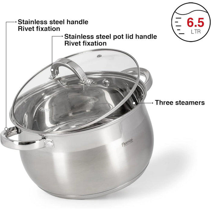 Fissman Stockpot Felina 24cm/6.5LTR With Glass Lid Stainless Steel
