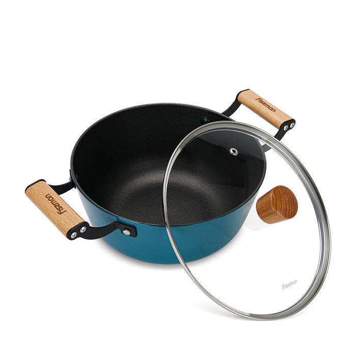 Fissman Stockpot Seagreen 28cm/6LTR Series With Glass Lid Enamelled Lightweight Cast Iron With Non-Stick Coating