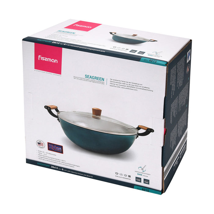 Fissman Stockpot Seagreen 28cm/6LTR Series With Glass Lid Enamelled Lightweight Cast Iron With Non-Stick Coating