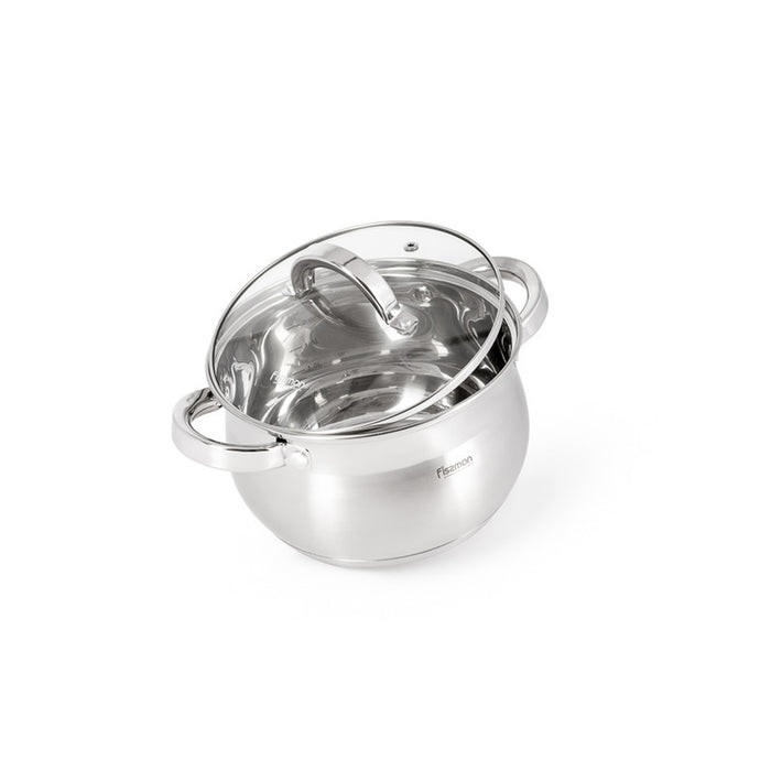 Fissman Stockpot with Glass Lid 16cm / 2.1 Liter with Measuring Mark, Stainless Steel Stockpot Felina Series