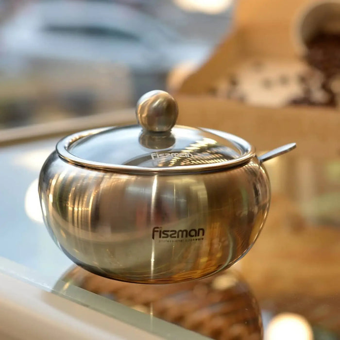 Fissman Sugar Bowl with Glass Lid and Spoon Stainless Steel Silver 560ml