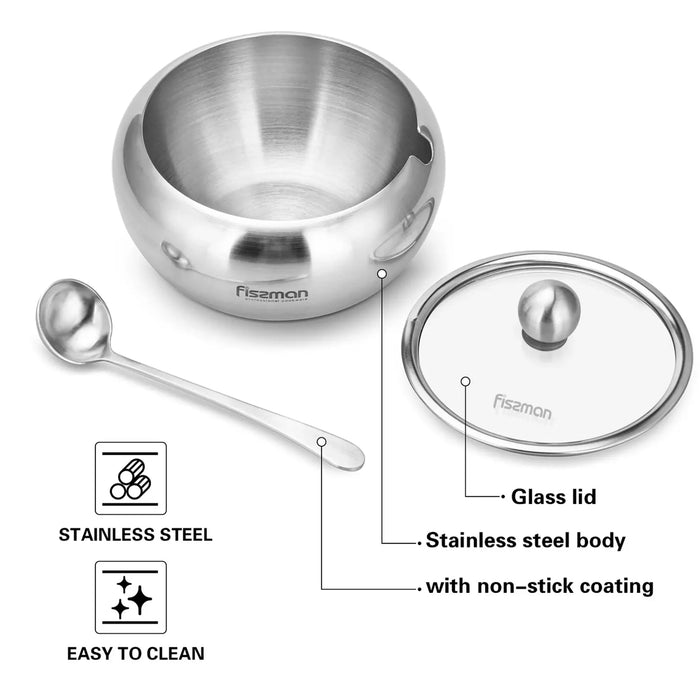Fissman Sugar Bowl with Glass Lid and Spoon Stainless Steel Silver 560ml