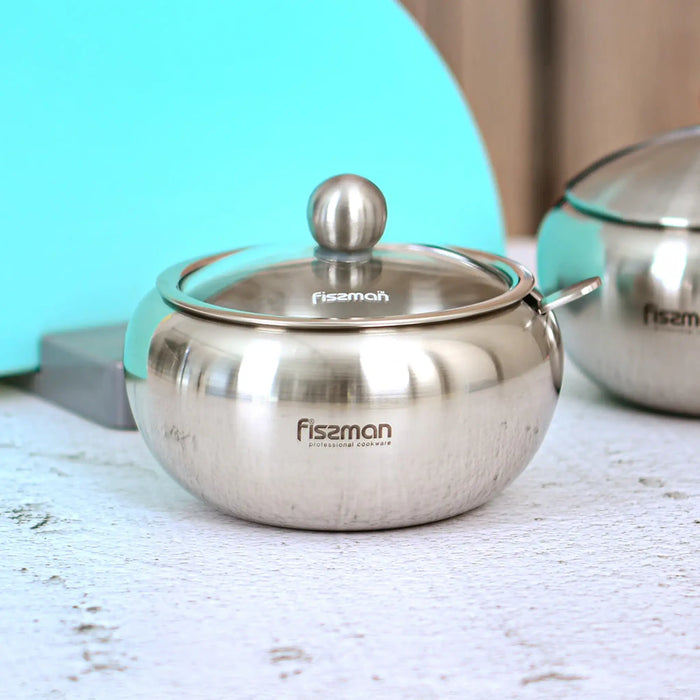 Fissman Sugar Bowl with Glass Lid and Spoon Stainless Steel Silver 560ml