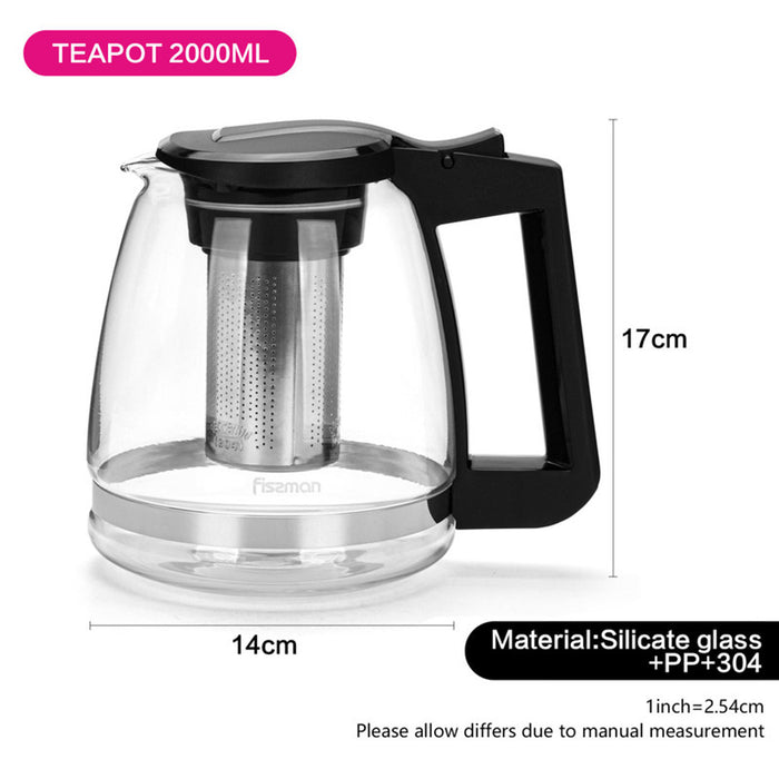 Fissman Teapot Borosilicate Glass With Stainless Steel Filter Black/Clear 2000ml