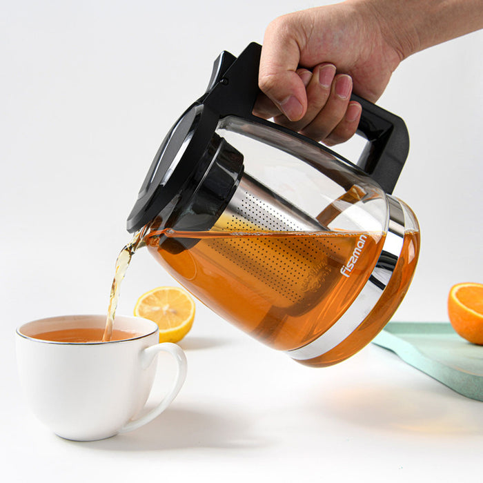Fissman Teapot Borosilicate Glass With Stainless Steel Filter Black/Clear 2000ml