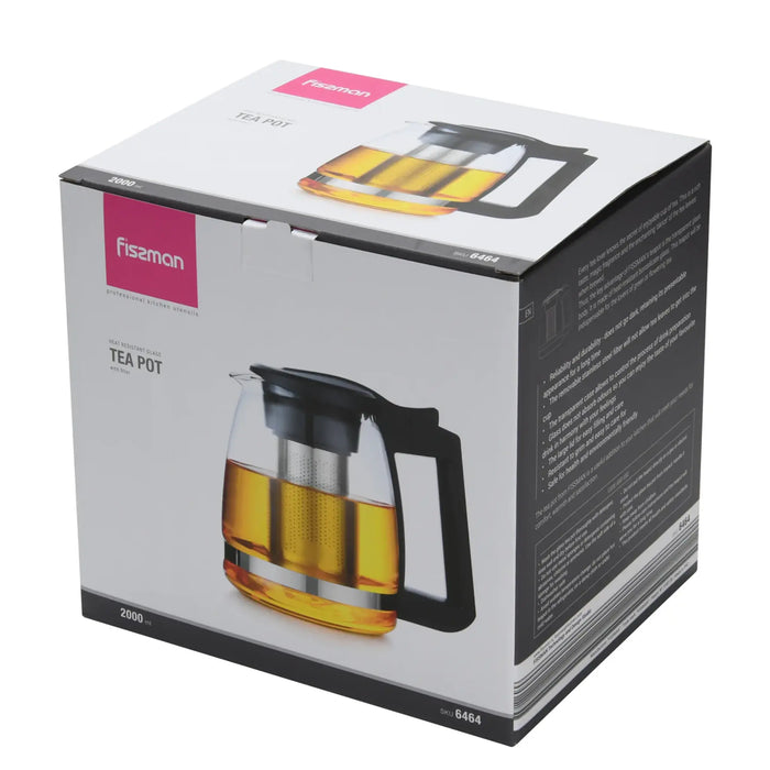 Fissman Teapot Borosilicate Glass With Stainless Steel Filter Black/Clear 2000ml
