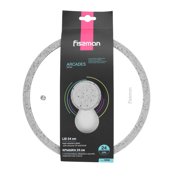 Fissman Universal Glass Lid with Silicone Rim ,24cm Tempered Glass Lid for Pots, Pans and Skillets - Heat Resistant Silicone Rim Fits, Replacement Frying Pan Cover and Cast Iron Lids, Light Grey