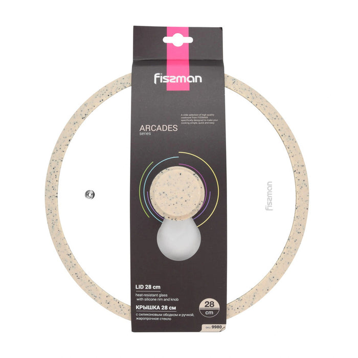 Fissman Universal Lid for Pots, Pans and Skillets - Tempered Glass with Heat Resistant Silicone Rim Fits, Replacement Frying Pan Cover and Cast Iron Lids (Beige, 28) Fissman
