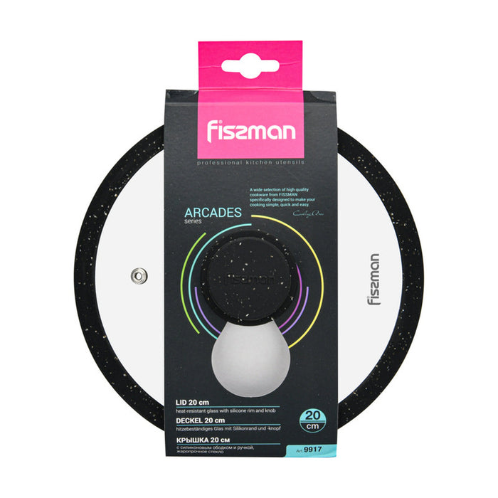 Fissman Universal Lid for Pots, Pans and Skillets - Tempered Glass with Heat Resistant Silicone Rim Fits, Replacement Frying Pan Cover and Cast Iron Lids (Black, 20)