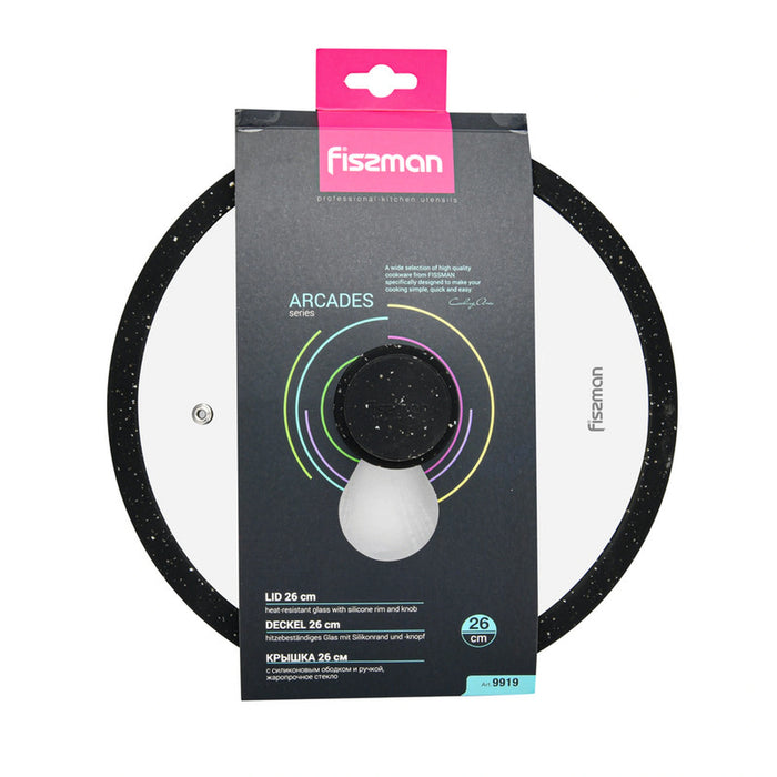 Fissman Universal Lid for Pots, Pans and Skillets - Tempered Glass with Heat Resistant Silicone Rim Fits, Replacement Frying Pan Cover and Cast Iron Lids (Black, 26)