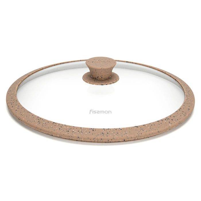 Fissman Universal Lid for Pots, Pans and Skillets - Tempered Glass with Heat Resistant Silicone Rim Fits, Replacement Frying Pan Cover and Cast Iron Lids (Brown, 28)