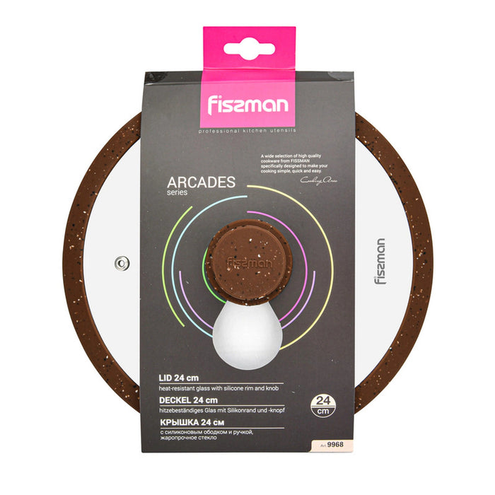 Fissman Universal Lid for Pots, Pans and Skillets - Tempered Glass with Heat Resistant Silicone Rim Fits, Replacement Frying Pan Cover and Cast Iron Lids (Dark Brown, 24) Fissman