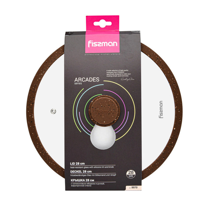 Fissman Universal Lid for Pots, Pans and Skillets - Tempered Glass with Heat Resistant Silicone Rim Fits, Replacement Frying Pan Cover and Cast Iron Lids (Dark Brown, 28) Fissman