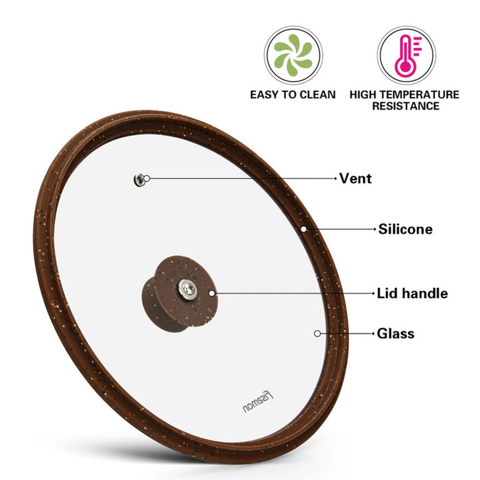 Fissman Universal Lid for Pots, Pans and Skillets - Tempered Glass with Heat Resistant Silicone Rim Fits, Replacement Frying Pan Cover and Cast Iron Lids (Dark Brown, 28) Fissman