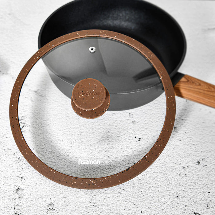 Fissman Universal Lid for Pots, Pans and Skillets - Tempered Glass with Heat Resistant Silicone Rim Fits, Replacement Frying Pan Cover and Cast Iron Lids (Dark Brown, 28) Fissman
