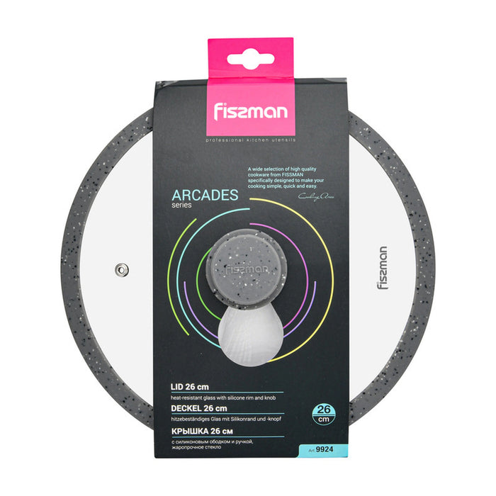 Fissman Universal Lid for Pots, Pans and Skillets - Tempered Glass with Heat Resistant Silicone Rim Fits, Replacement Frying Pan Cover and Cast Iron Lids (Grey, 26)