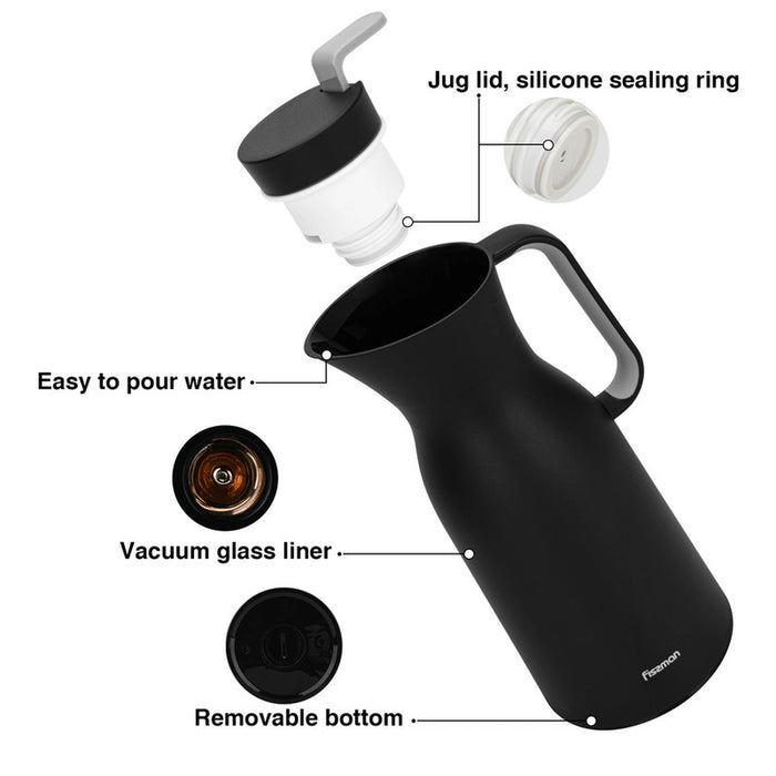 Fissman Vacuum Flask 1.0L Insulated Stylish Flask, Modern Dallah, Pink Glass Liner, Matte Plastic Body, Hot/Cold, Leak-Proof, Tea & Coffee, Indoor/Outdoor, (Black)