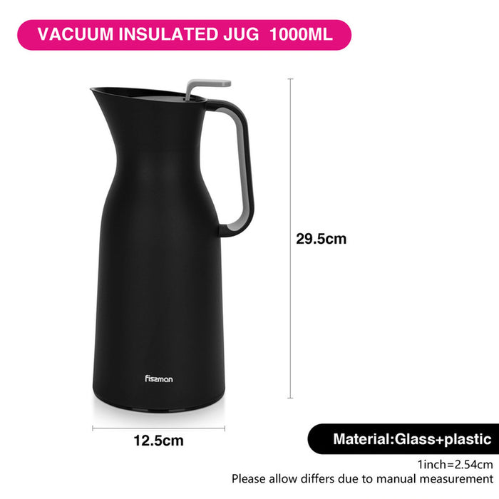 Fissman Vacuum Flask 1.0L Insulated Stylish Flask, Modern Dallah, Pink Glass Liner, Matte Plastic Body, Hot/Cold, Leak-Proof, Tea & Coffee, Indoor/Outdoor, (Black)