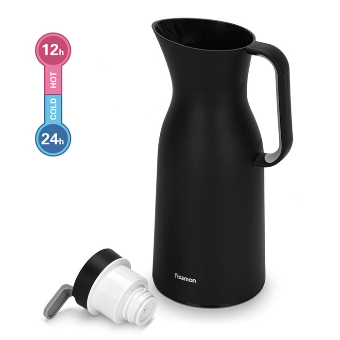 Fissman Vacuum Flask 1.0L Insulated Stylish Flask, Modern Dallah, Pink Glass Liner, Matte Plastic Body, Hot/Cold, Leak-Proof, Tea & Coffee, Indoor/Outdoor, (Black)