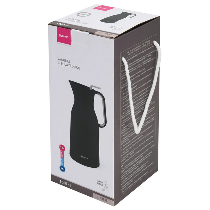 Fissman Vacuum Flask 1.0L Insulated Stylish Flask, Modern Dallah, Pink Glass Liner, Matte Plastic Body, Hot/Cold, Leak-Proof, Tea & Coffee, Indoor/Outdoor, (Black)
