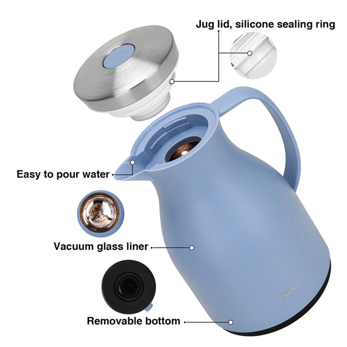 Vacuum Insulated Flask, 1000 ml, Modern Dallah, Stainless Steel Lid, Pink Glass Liner, Matte Plastic Body, Hot/Cold, Leak-Proof, Tea & Coffee, Indoor/Outdoor, 1 Litre (Blue)