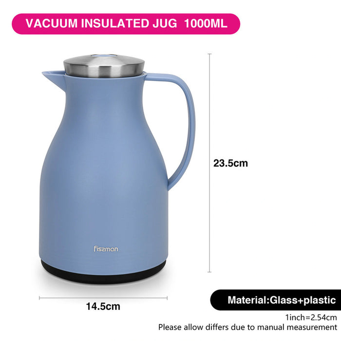 Vacuum Insulated Flask, 1000 ml, Modern Dallah, Stainless Steel Lid, Pink Glass Liner, Matte Plastic Body, Hot/Cold, Leak-Proof, Tea & Coffee, Indoor/Outdoor, 1 Litre (Blue)
