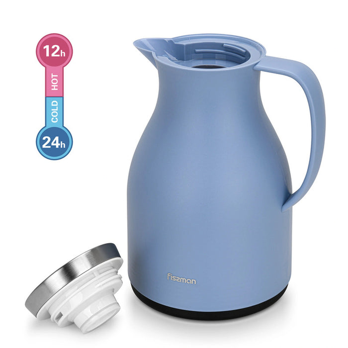 Vacuum Insulated Flask, 1000 ml, Modern Dallah, Stainless Steel Lid, Pink Glass Liner, Matte Plastic Body, Hot/Cold, Leak-Proof, Tea & Coffee, Indoor/Outdoor, 1 Litre (Blue)
