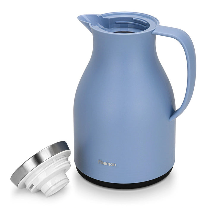 Vacuum Insulated Flask, 1000 ml, Modern Dallah, Stainless Steel Lid, Pink Glass Liner, Matte Plastic Body, Hot/Cold, Leak-Proof, Tea & Coffee, Indoor/Outdoor, 1 Litre (Blue)