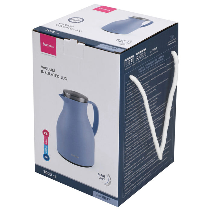 Vacuum Insulated Flask, 1000 ml, Modern Dallah, Stainless Steel Lid, Pink Glass Liner, Matte Plastic Body, Hot/Cold, Leak-Proof, Tea & Coffee, Indoor/Outdoor, 1 Litre (Blue)