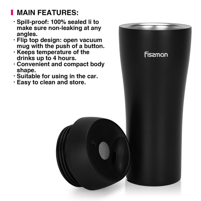 Vacuum Insulated Mug 420mL, Double Wall Stainless Steel Vacuum Travel Bottle | Thermos Travel Mug | Spill-Proof Silicone Sealed Lid | Coffee Thermos Bottle | for Hot and Cold Drinks (Black)